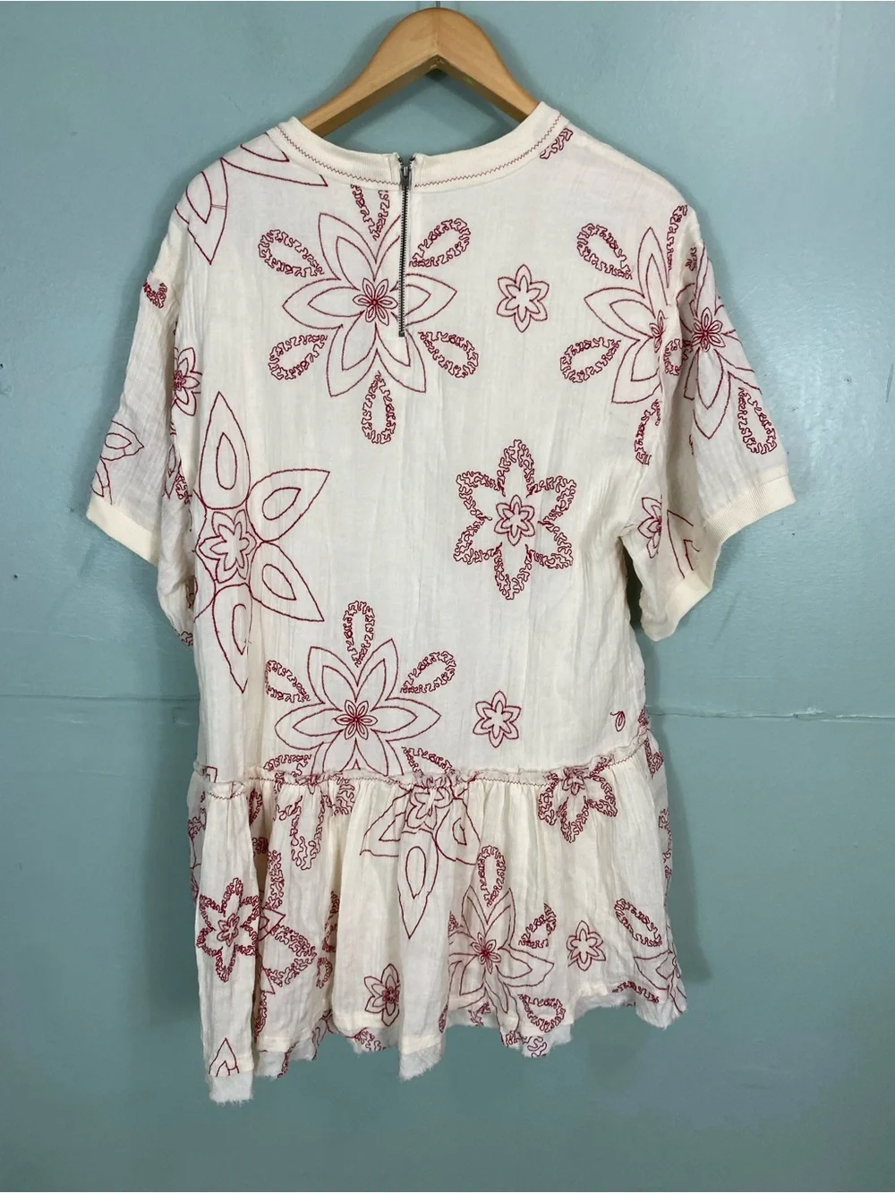 Free People Picking Petals Mini Dress Ivory Red Embroidered Floral Gauze Medium